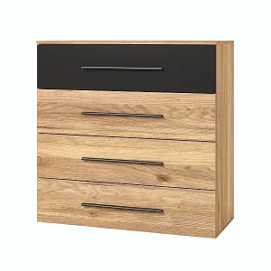 Modernes Design mit 4 großen Schubladen. Kollektion EOS in hellem Eichenfarbton und Schwarz. Top-Preis