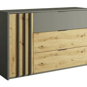 Design-Kommode mit 3 Schubladen und 1 Tür. Kollektion IZO in Anthrazitgrau und hellem Eichenholz. Neu Im Sortiment