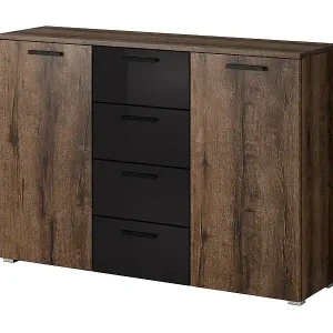 Kracherpreis Design-Kommode mit 2 Türen und 4 Schubladen 130cm. Kollektion FLOYD in dunkler Eichenfarbe und glänzendem Schwarz.