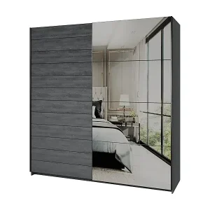 Schwebetürenschrank 200cm in Holzoptik, grau mit Spiegel. Kollektion FLOYD Begrenztes Angebot