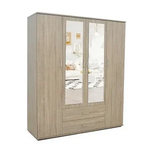Billig Schrank, Garderobe, mit Spiegel, Kollektion TOM, 4 Türen, 160 cm, integrierte Kleiderstange, Sonoma-Eiche