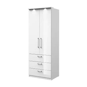 Kleiderschrank 2 Türen und 3 Schubladen aus der MODULO Kollektion, Farbe Weiß, mit LED und inklusive 3 Regale Paket. Gratis Versand