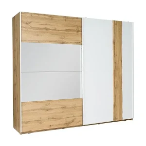 Wochenendangebot Kleiderschrank 250 cm WOOD mit 2 Schiebetüren und Spiegel in Eichen- und Weißfarbe