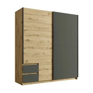 Kleiderschrank 180cm mit 2 Schiebetüren und 2 Schubladen in Eichenfarbe und Anthrazitgrau. Kollektion ARIELLE Günstig