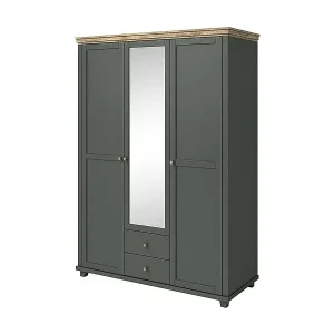 Preisreduziert Kleiderschrank 150x220 mit 3 Türen und 2 Schubladen. Farbe Khakigrün und Eiche. Kollektion ASSIA.