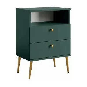 Nachttisch mit 2 Schubladen und Ablagefach - grün mit goldenen Metallfüßen - Kollektion Aurora Sonderangebot