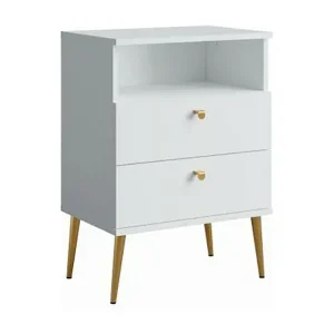 Abverkauf Nachttisch AURORA – 2 Schubladen + Ablage – Alpinweiß und goldene Füße