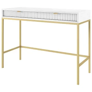 Geriffelte Schminktisch mit goldenen Griffen Stahlrahmen MDF-Schreibtisch 2 Schubladen Skulptierte Front 104x78x50cm Matt Weiß Goldene Metallfüße Online Kaufen