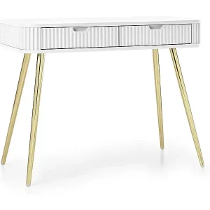 Billig Landhausstil Schminktisch "ZOVA", Konsolentisch, Schreibtisch mit Schubladen, geriffelte Fronten, Metallfüße, Gold, Weiss 103/80/49 cm