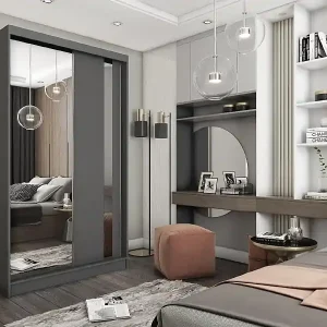 120 cm Kleiderschrank Gabo mit Spiegel inklusive 2 Schiebetüren Schwebetürenschrank (Farbe: graphit) Must-Have