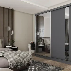 200 cm Kleiderschrank Gabo mit Spiegel inklusive 2 Schiebetüren Schwebetürenschrank (Farbe: graphit) Preisreduziert