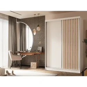 150 cm Kleiderschrank Erika mit Lamellen ohne Spiegel inklusive 2 Schiebetüren Schwebetürenschrank (Farbe: weiß, weiß, Lamelle Artisan) Echt