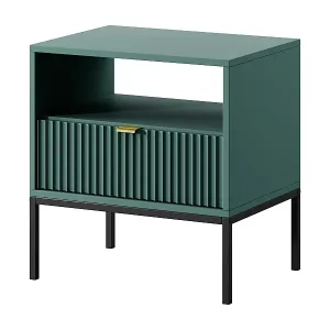 Elegante Nachttisch Nova – Design mit goldenem Griff, Geriffelte Front, Praktisch & Modern, 54x56x39 cm, Matt Labrador, Schwarze Metallfüße Neue Ware