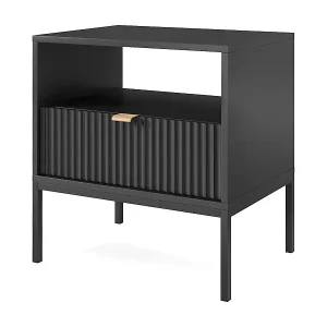 Elegante Nachttisch Nova – Design mit goldenem Griff, Geriffelte Front, Praktisch & Modern, 54x56x39 cm, Matt Schwarz, Schwarze Metallfüße Direktkauf