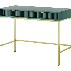 Garantierte Lieferung Geriffelte Schminktisch mit goldenen Griffen Stahlrahmen MDF-Schreibtisch 2 Schubladen Skulptierte Front 104x78x50cm Matt Labrador Goldene Metallfüße