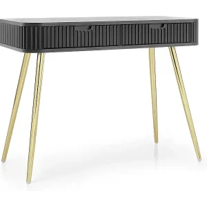 Jetzt Kaufen Landhausstil Schminktisch "ZOVA", Konsolentisch, Schreibtisch mit Schubladen, geriffelte Fronten, Metallfüße, Gold, Cashmere Beige 103/80/49 cm