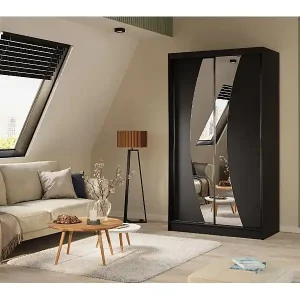 Abverkauf 120 cm Kleiderschrank Vex mit Spiegel inklusive 2 Schiebetüren Schwebetürenschrank (Farbe: schwarz)