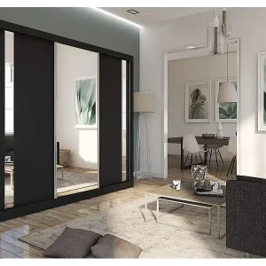Abverkauf 240 cm Kleiderschrank Gabo mit Spiegel inklusive 3 Schiebetüren Schwebetürenschrank (Farbe: schwarz)