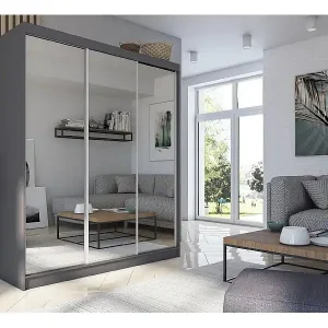 180 cm Kleiderschrank Darix mit Spiegel inklusive 3 Schiebetüren Schwebetürenschrank (Farbe: graphit) Angebot