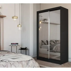 120 cm Kleiderschrank Darix mit Spiegel inklusive 2 Schiebetüren Schwebetürenschrank (Farbe: schwarz) Bestseller
