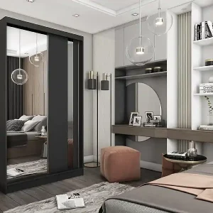 150 cm Kleiderschrank Gabo mit Spiegel inklusive 2 Schiebetüren Schwebetürenschrank (Farbe: schwarz) Direkt Vom Hersteller