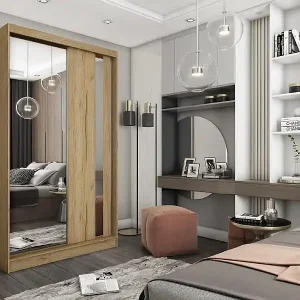 120 cm Kleiderschrank Gabo mit Spiegel inklusive 2 Schiebetüren Schwebetürenschrank (Farbe: artisan) Abverkauf