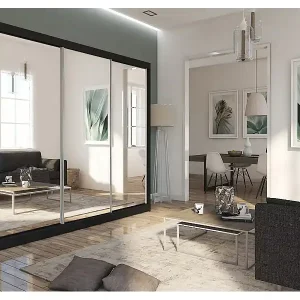 240 cm Kleiderschrank Darix mit Spiegel inklusive 3 Schiebetüren Schwebetürenschrank (Farbe: schwarz) Kostenfreie Lieferung