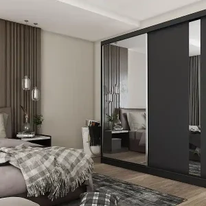 200 cm Kleiderschrank Gabo mit Spiegel inklusive 2 Schiebetüren Schwebetürenschrank (Farbe: schwarz) Kostenloser Rückversand