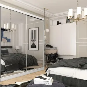 200 cm Kleiderschrank Darix mit Spiegel inklusive 2 Schiebetüren Schwebetürenschrank (Farbe: weiß) Ausverkauf