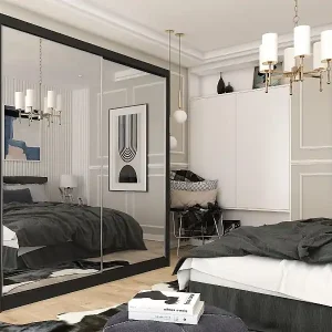 200 cm Kleiderschrank Darix mit Spiegel inklusive 2 Schiebetüren Schwebetürenschrank (Farbe: schwarz) Abverkauf