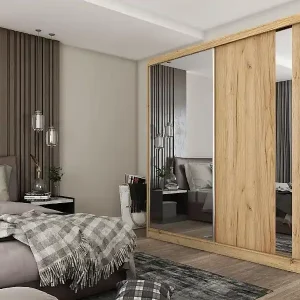 200 cm Kleiderschrank Gabo mit Spiegel inklusive 2 Schiebetüren Schwebetürenschrank (Farbe: artisan) Neuheit