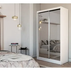 120 cm Kleiderschrank Darix mit Spiegel inklusive 2 Schiebetüren Schwebetürenschrank (Farbe: weiß) Ausverkauf