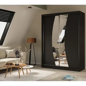 160 cm Kleiderschrank Vex mit Spiegel inklusive 2 Schiebetüren Schwebetürenschrank (Farbe: schwarz) Geprüft