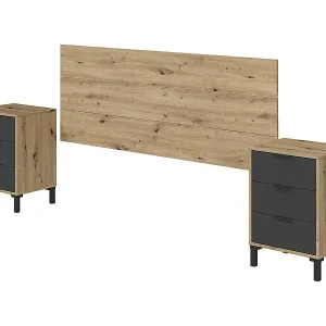 Nachttisch Birmingham, Schlafzimmer-Set, Kopfteil und 2 Nachttische mit 3 Schubladen, 160x2 cm, Eiche in Astoptik und Anthrazit Top-Seller