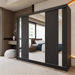 SCHWEBETÜRENSCHRANK Gaja 240/216/61 schwarz mit Spiegel und Schubladen Geprüft