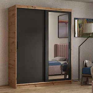 SCHWEBETÜRENSCHRANK Hela 160/205/60 2-türig eiche Artisan/schwarz mit Schubladen Neue Ware