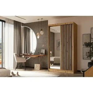 SCHWEBETÜRENSCHRANK Helix 120/216/61 eiche artisan+schwarz mit Schubladeneinsätze Abverkauf