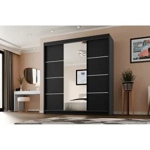 Super-Preis SCHWEBETÜRENSCHRANK Milo 200/215/58 3-türig schwarz mit Spiegel