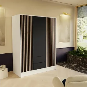 DREHTÜRENSCHRANK Nero 150/51/200 cm mit Lamellen weiß+schwarz Zertifiziert