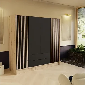 DREHTÜRENSCHRANK Nero 200/51/200 cm mit Lamellen eiche artisan+schwarz Schneller Versand