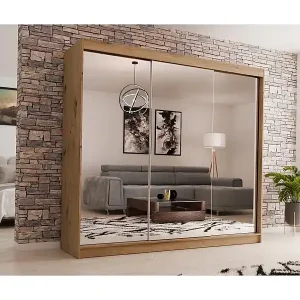 SCHWEBETÜRENSCHRANK Debra 240/216/61 eiche Artisan mit Spiegel und Schubladen Kostenloser Versand