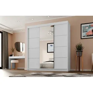 Bestpreis SCHWEBETÜRENSCHRANK Milo 200/215/58 3-türig weiß mit Spiegel