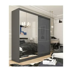 Highlight SCHWEBETÜRENSCHRANK Viva 200/216/61 graphit mit Spiegel und Schubladeneinsätze