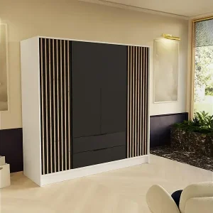 DREHTÜRENSCHRANK Nero 200/51/200 cm mit Lamellen weiß+schwarz Begrenztes Angebot