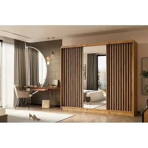 Knallerangebot SCHWEBETÜRENSCHRANK Helix 240/216/61 eiche artisan+schwarz mit Schubladeneinsätze