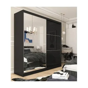 Saisonangebot SCHWEBETÜRENSCHRANK Viva 200/216/61 schwarz mit Spiegel