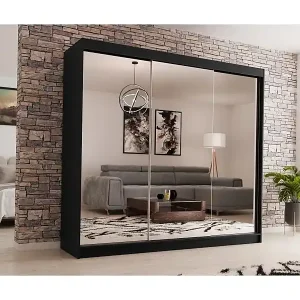 SCHWEBETÜRENSCHRANK Debra 240/216/61 schwarz mit Spiegel und Schubladen Neu