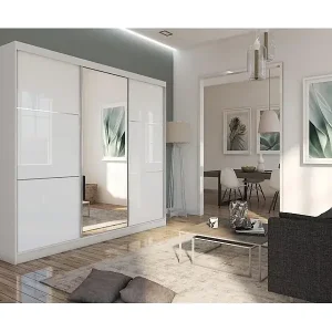 Neue Kollektion SCHWEBETÜRENSCHRANK Viva II 240/216/61 kaschmirmit Lacobel-Glas und Schubladen