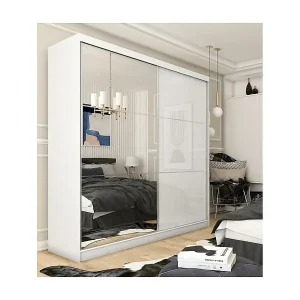 SCHWEBETÜRENSCHRANK Viva 200/216/61 weiß mit Spiegel und Schubladeneinsätze Heißes Angebot