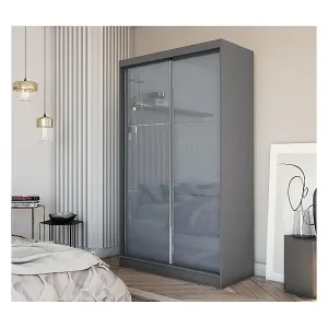 SCHWEBETÜRENSCHRANK Viva 150/216/61 graphit mit Lacobel-Glas und Schubladeneinsätze Neu